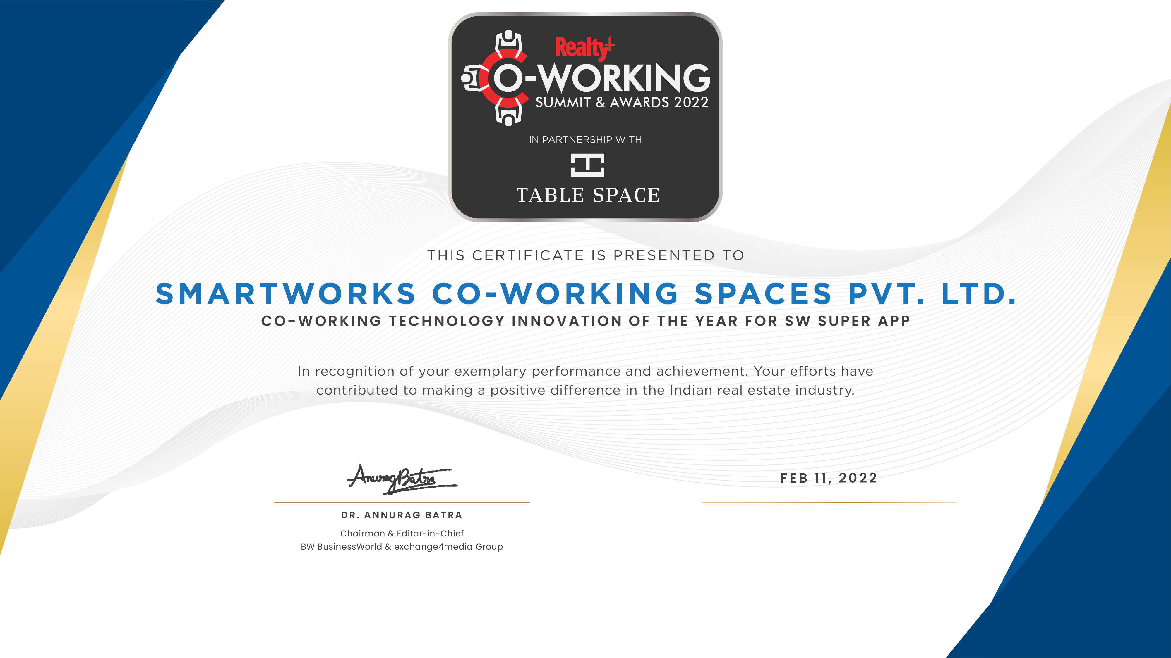 Smartworks bags Co-working Brand of the Year (National) at 3rd Realty+ Co-Working Summit & Awards, 2022